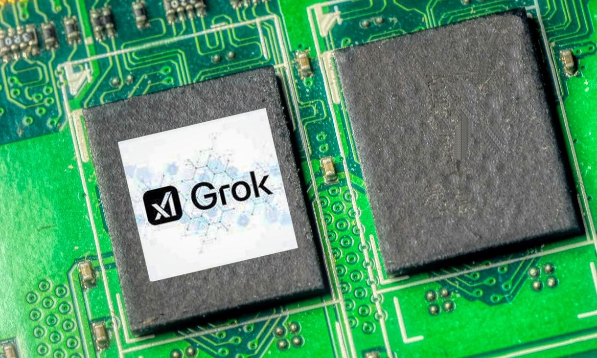 A circuit board featuring a computer chip labelled "Grok"