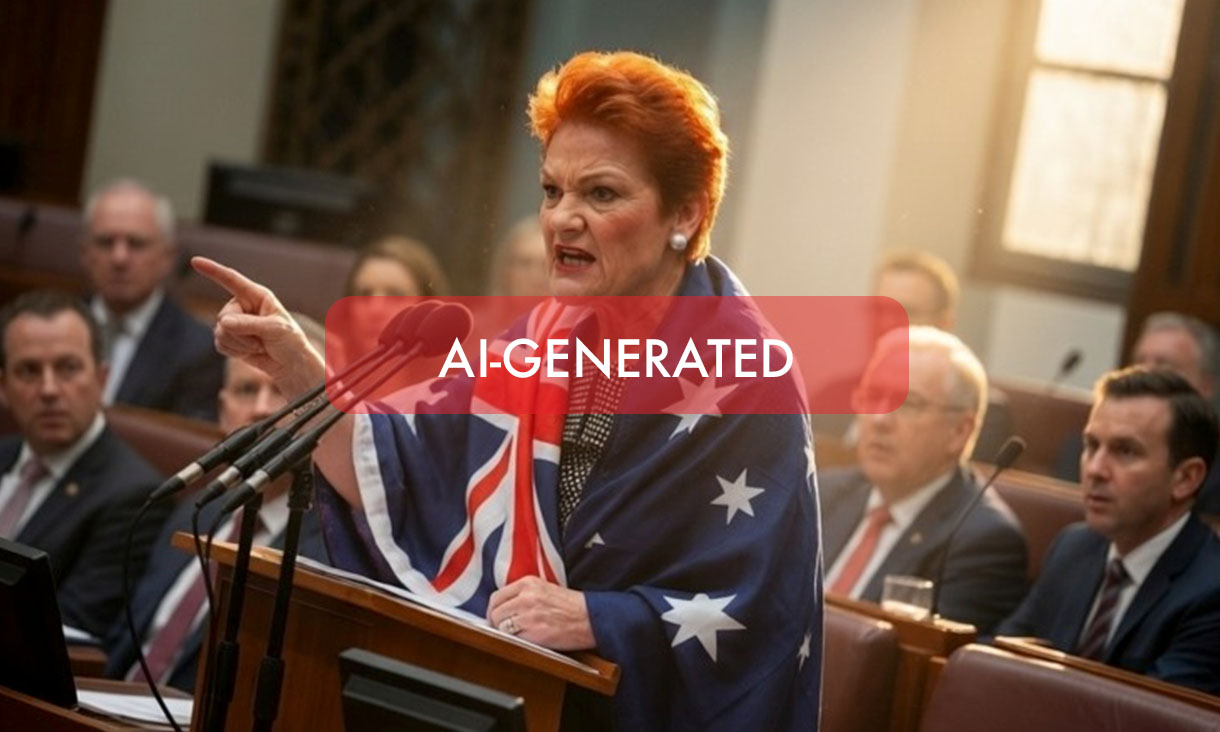 An AI generated image of Senator Pauline Hanson lecturing angrily while draped in an Australian flag