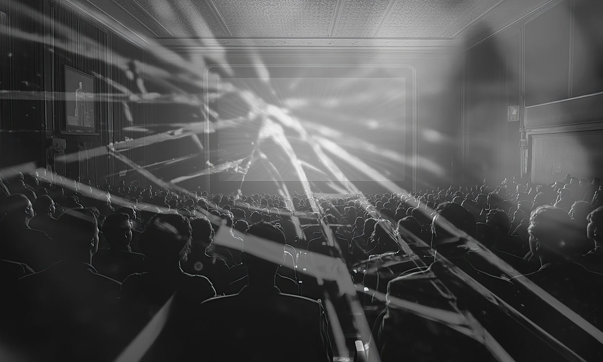 A crowded movie theatre overlaid with cracked glass