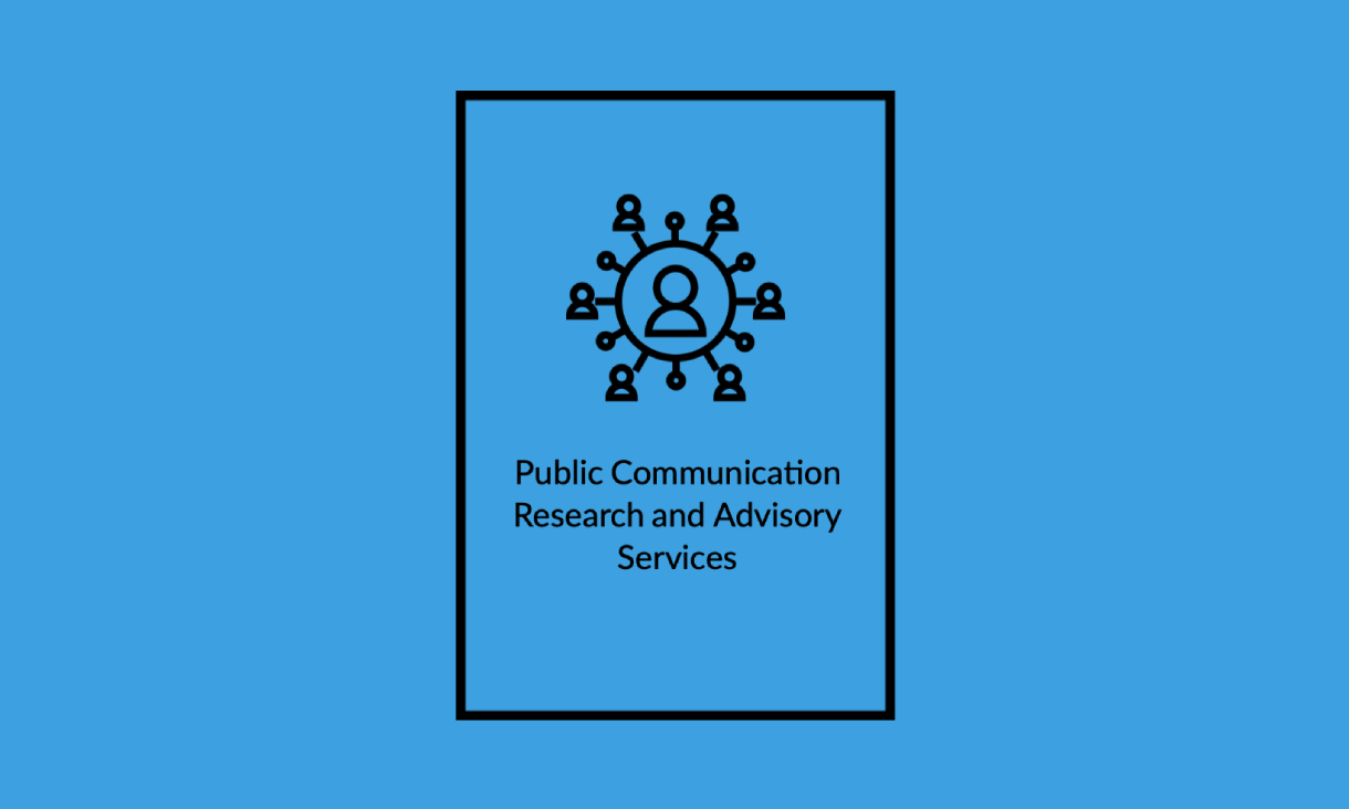 stylised icons of a person with multiple branches leading to other people, with the text 'public communication research and advisory services'