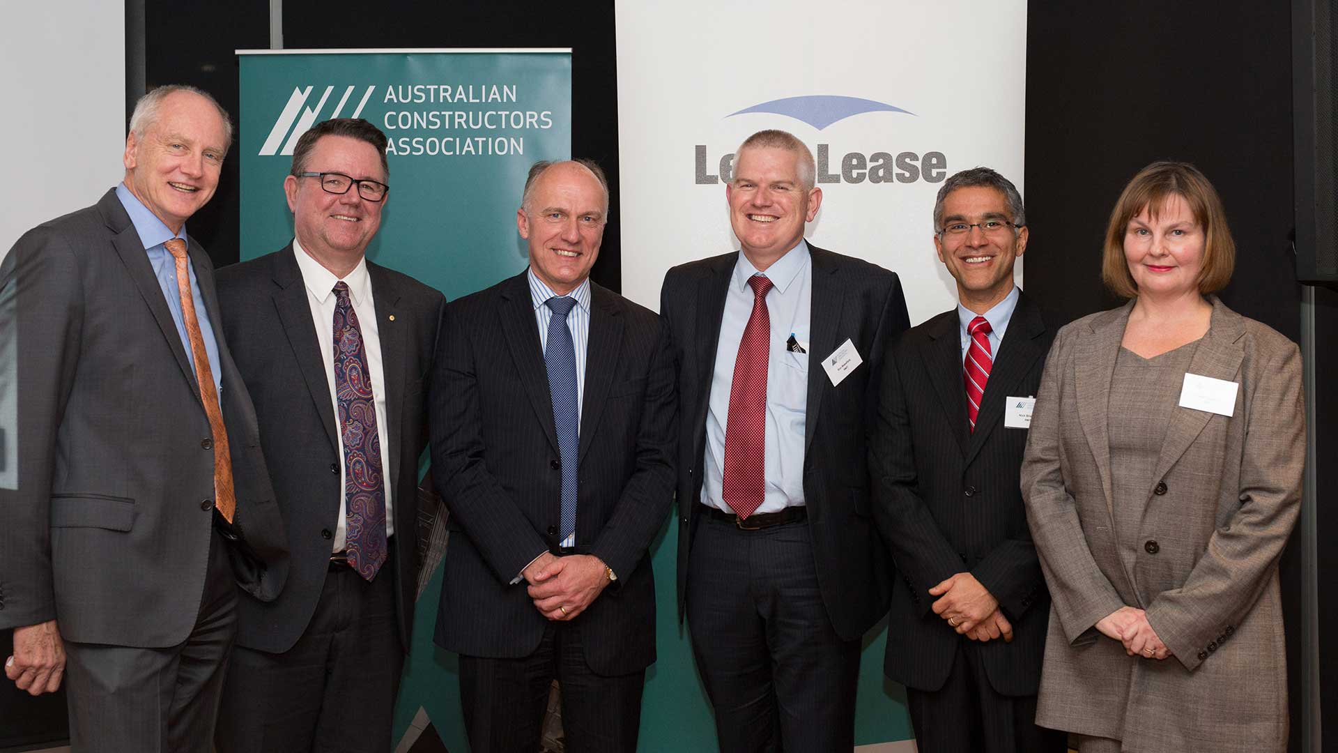 The Australian Constructors Association released reports on safety in design and health and safety culture on 7 August 2014. Pictured (l-r): David Saxelby (ACA Vice President, Chief Executive of Lendlease Construction and Infrastructure Australia), Murray Coleman (Chair, ACA Board Safety Committee, Managing Director of Lendlease Building), Senator Eric Abetz (Leader of the Government in The Senate, Minister for Employment, Minister Assisting the Prime Minister for the Public Service), Prof. Ron Wakefield (RMIT), Prof. Nick Blismas (RMIT), Dist. Prof. Helen Lingard (RMIT).