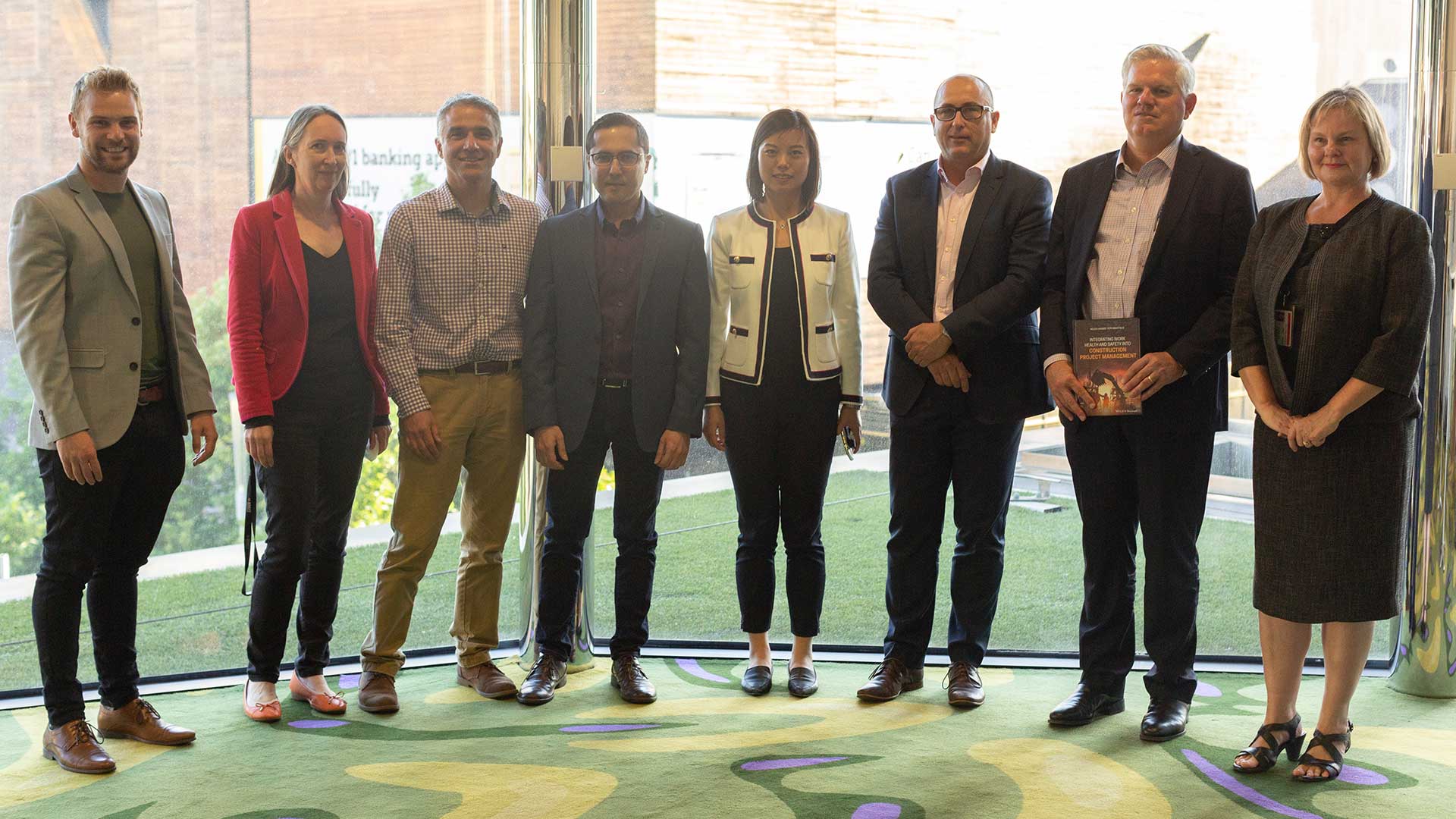 Pictured (l to r): Dr David Oswald, Assoc. Prof. Michelle Turner, Prof. Nick Blismas, Dr Payam Pirzadeh, Dr Rita Zhang, Corey Hannett (Director General of Victoria’s Major Transport Infrastructure Authority), Prof. Ron Wakefield and Dist. Prof. Helen Lingard at the book launch. 