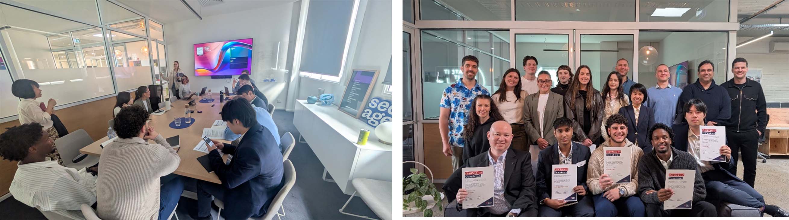 Planning session for the 2025 Toyota AFL Grand Final Parade (left) and group photo with students, RMIT staff, and SE Group representatives at the close of the event (right).