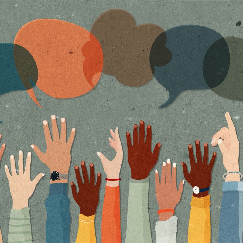 Illustration of diverse hands raised in the air with colourful speech bubbles above.