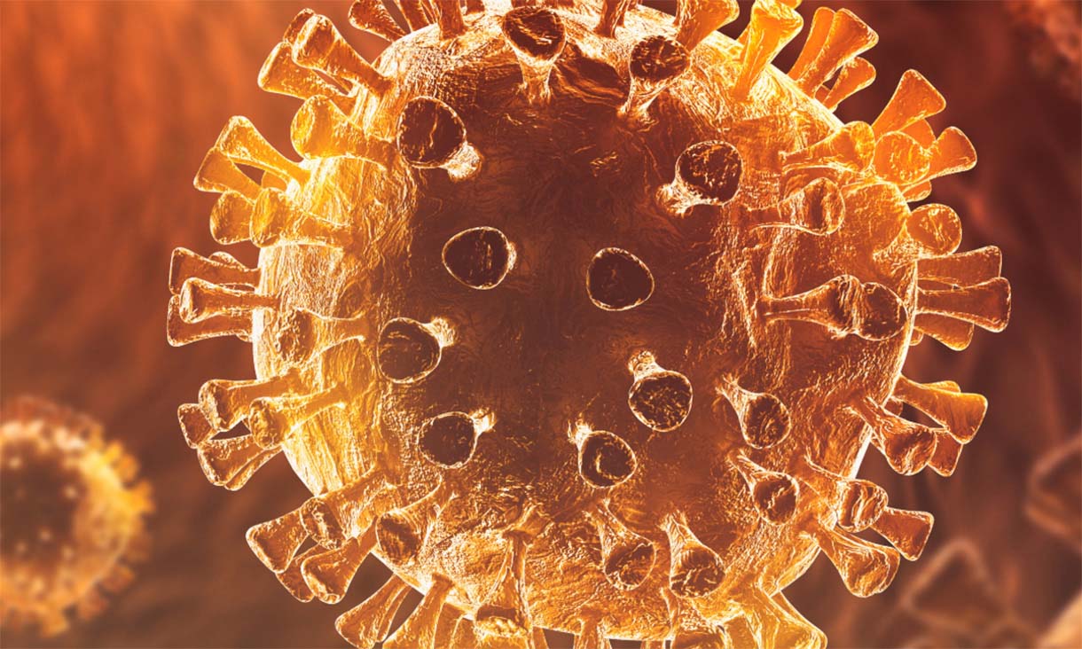Close-up illustration of a COVID particle, showing surface spikes and structure, with an orange colour scheme.