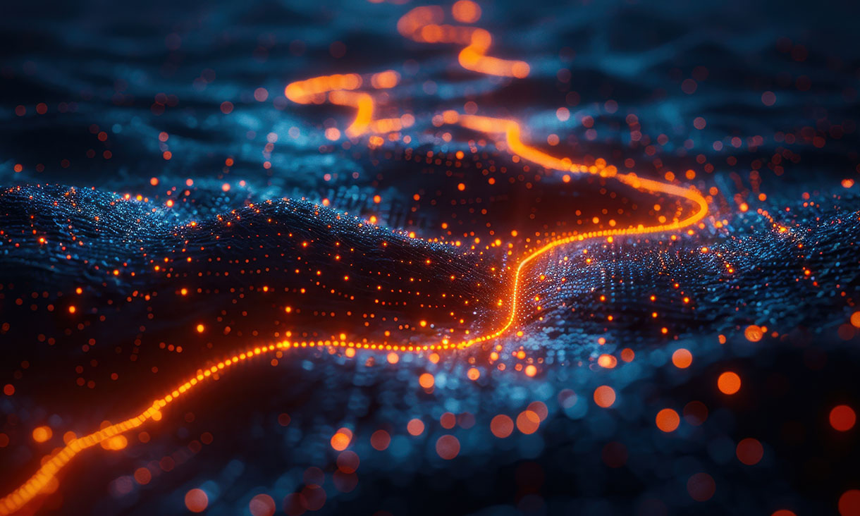 Abstract digital landscape with glowing orange path and blue points of light, resembling data flow across a futuristic terrain.