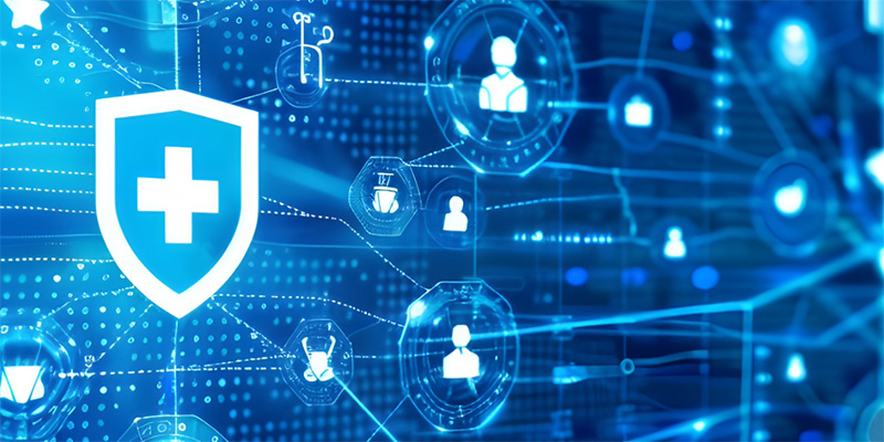 Digital display of a shield with a cross, healthcare symbols and user icons connected by blue lines.