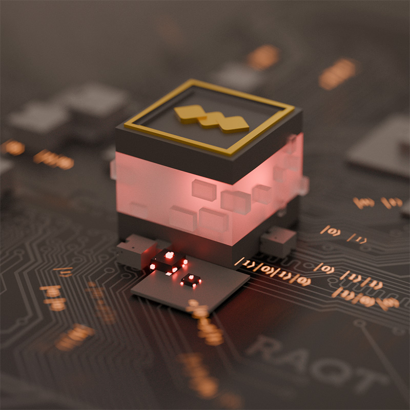 Glowing cube with gold emblem atop, situated on a detailed electronic circuit board.