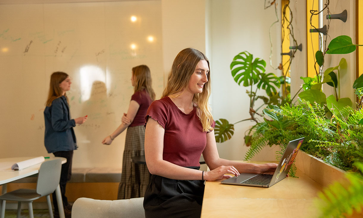 Woman working on a laptop at a desk with indoor plants, while two others collaborate and write on a whiteboard in the background in a modern, well-lit workspace.
