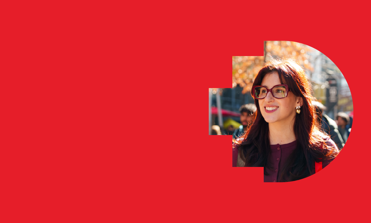 Woman smiling in a pixel shaped cutout surrounded with a red background.