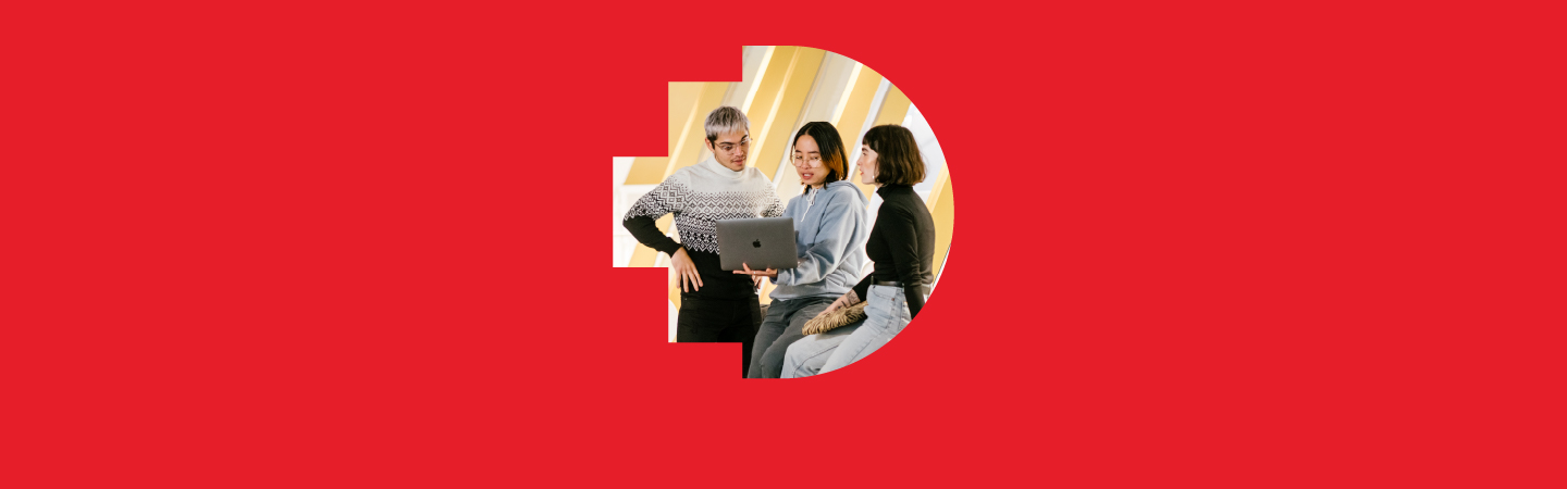 Three people standing together, one holding a laptop, surrounded by a large red semicircular design.