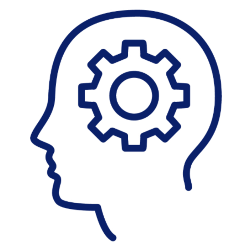 Stylised outline of a human head with a cog inside.