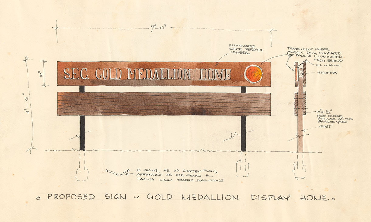 Architectural sketch of a sign reading 'SEC. GOLD MEDALLION HOME'. The illustration includes measurements and annotations for materials, lighting and structural details.