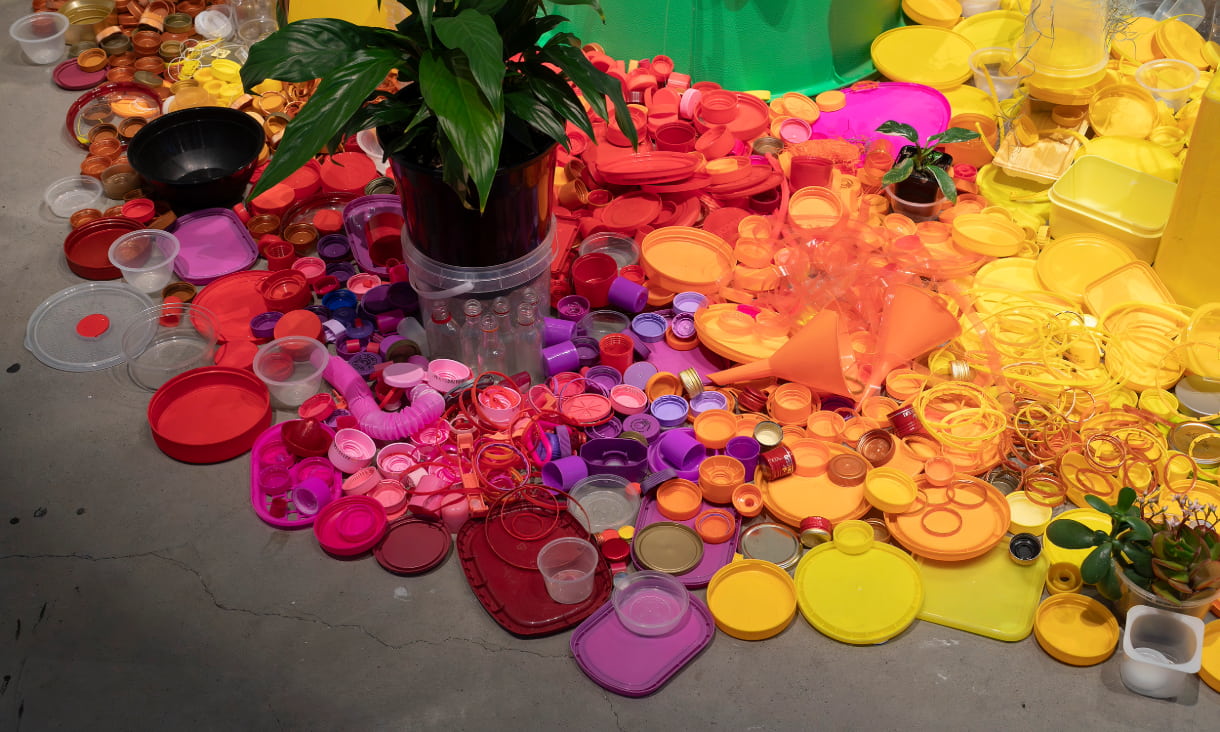 Detail view of Lauren Berkowitz, 'Plastic Topographies', 2022, in The Mourning After, RMIT Design Hub Gallery, Melbourne, 2025. 