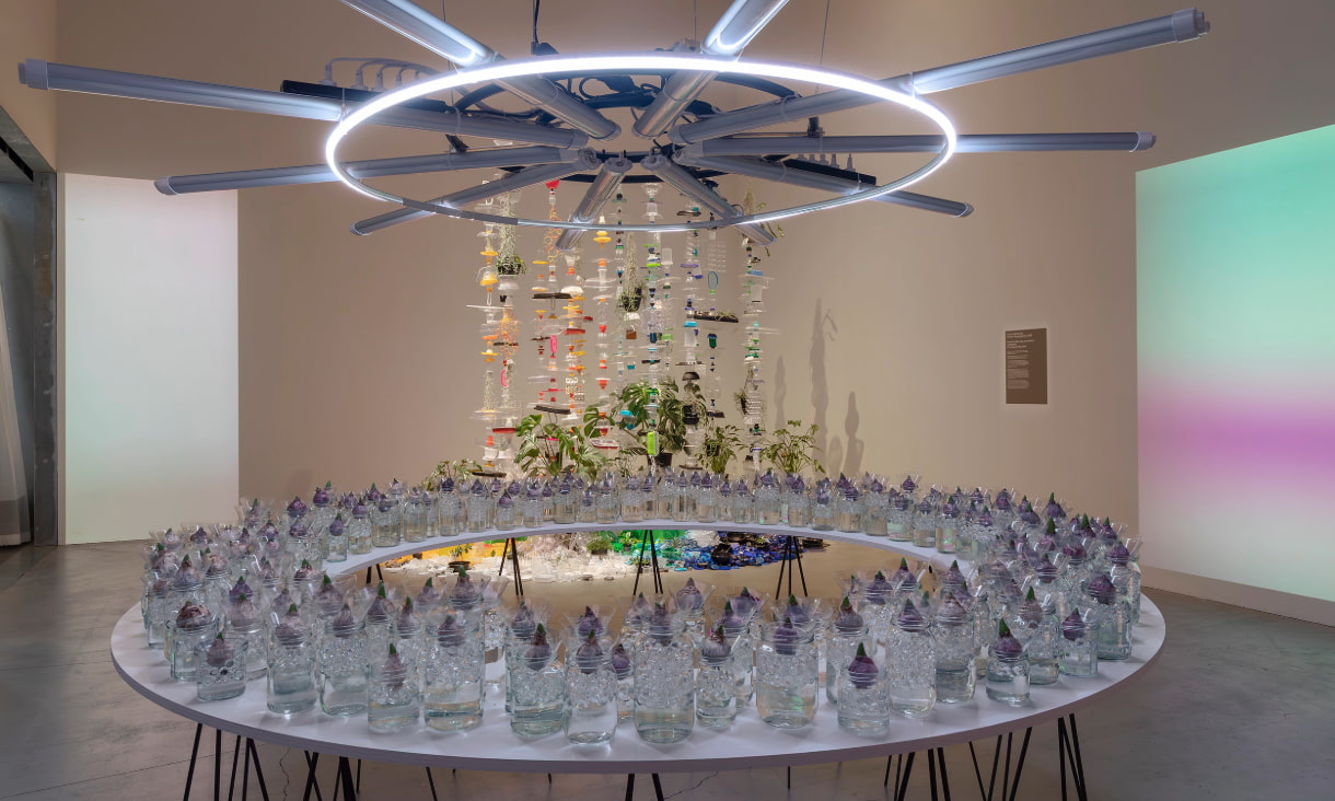 Heather Hesterman, Florameter, 2025 (foreground) and Lauren Berkowitz, Plastic Topographies, 2022 (background) in The Mourning After, RMIT Design Hub Gallery, Melbourne, 2025.