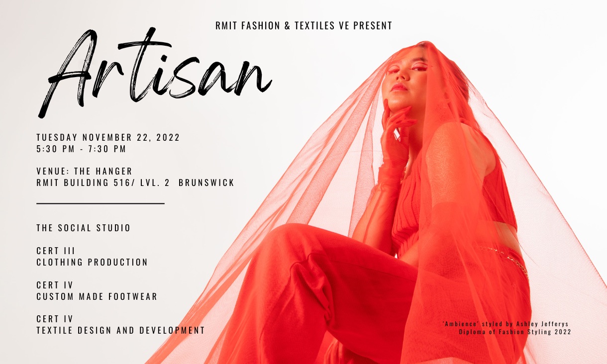 flyer for 'artisan' exhibition featuring model wearing an orange veil