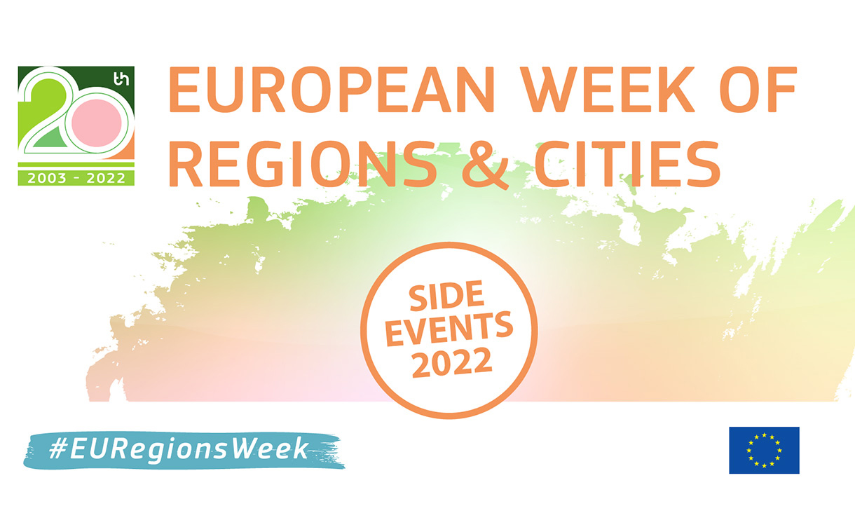 In orange text are the words 'European Week of Regions & Cities' with the logo in the top left corner. The words 'Side events 2022' are in an orange circle in the middle