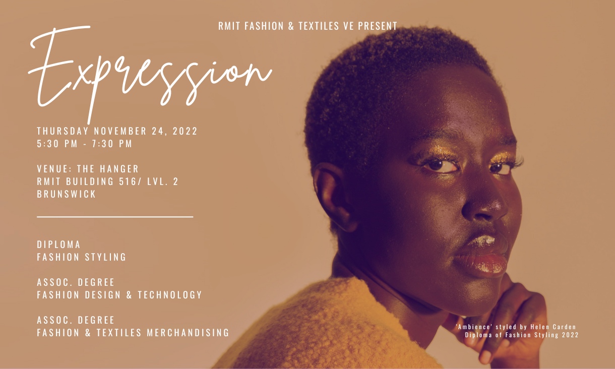 flyer for 'expression' event featuring model wearing gold eyeshadow