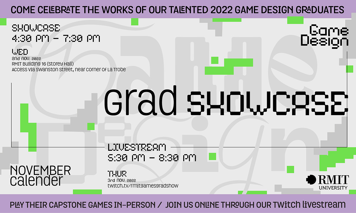 A purple, grey and green ticket with the words 'Grad showcase' on it