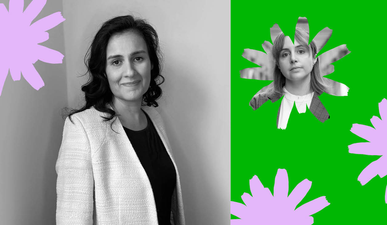 photographic portraits of the two speakers for the event, stylised with bright purple and green imagery