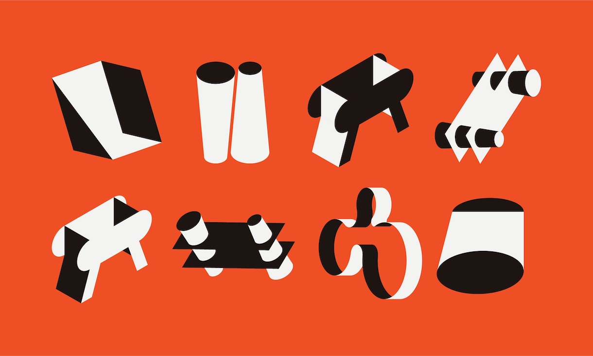 stylised black and white 3D geometric constructions on an orange background
