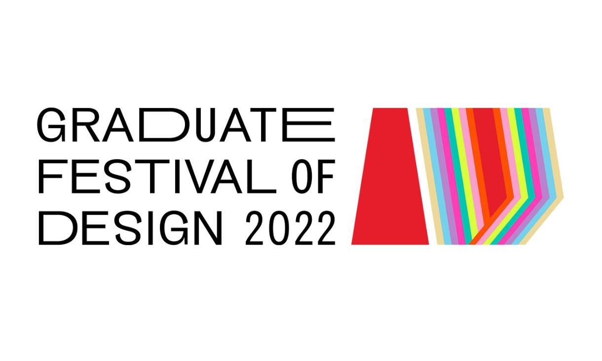 logo for the graduate festival of design 2022, featuring black text and a bright polygon design