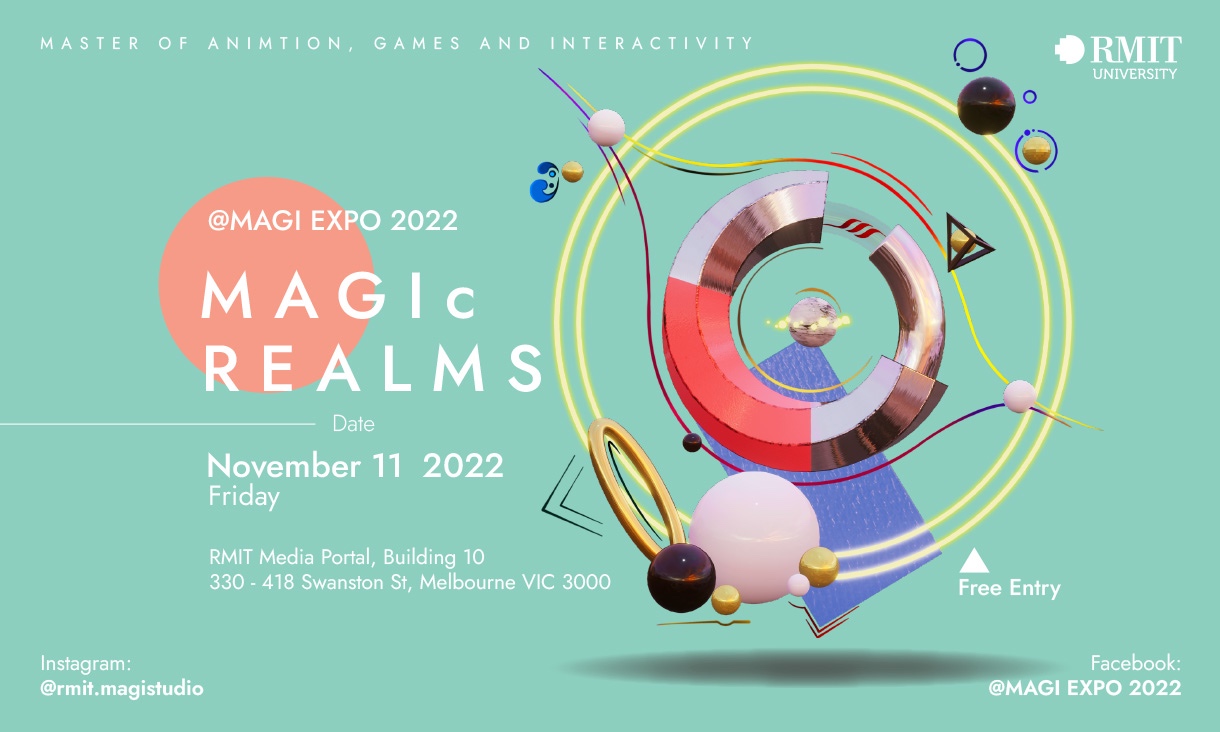 poster for magic realms exhibition, stylised 3D shapes on a green background