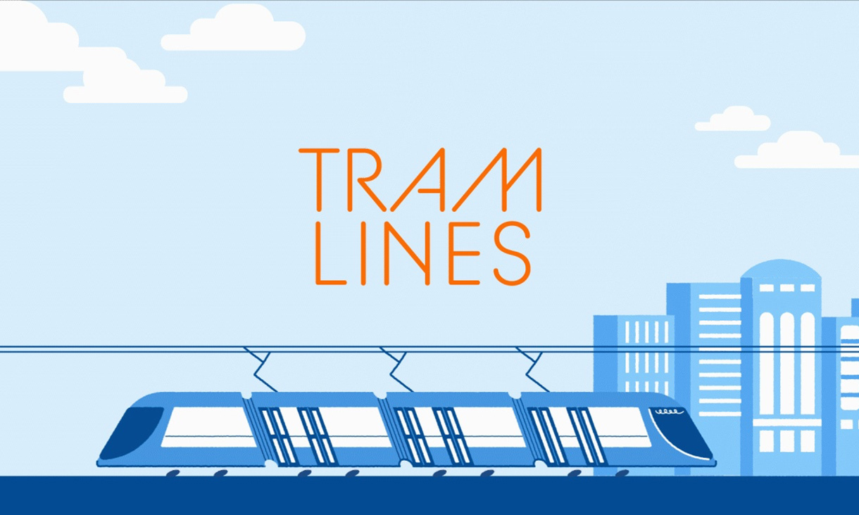 An image of a blue tram with buildings behind - the words 'Tram lines' are written in orange in the sky