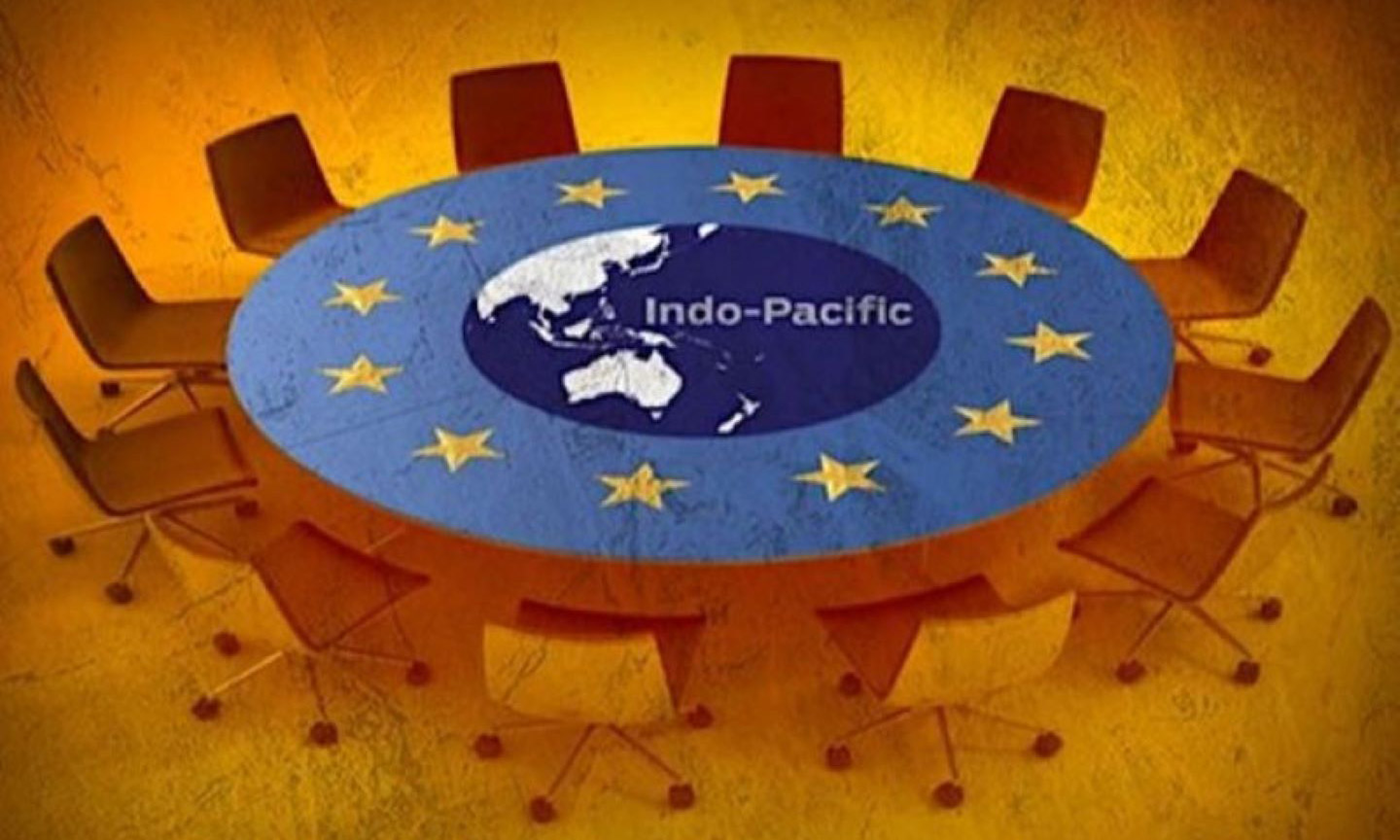 Chairs in a circle with a world map in the middle and the words 'Indo-Pacific'. Yellow stars are around the words