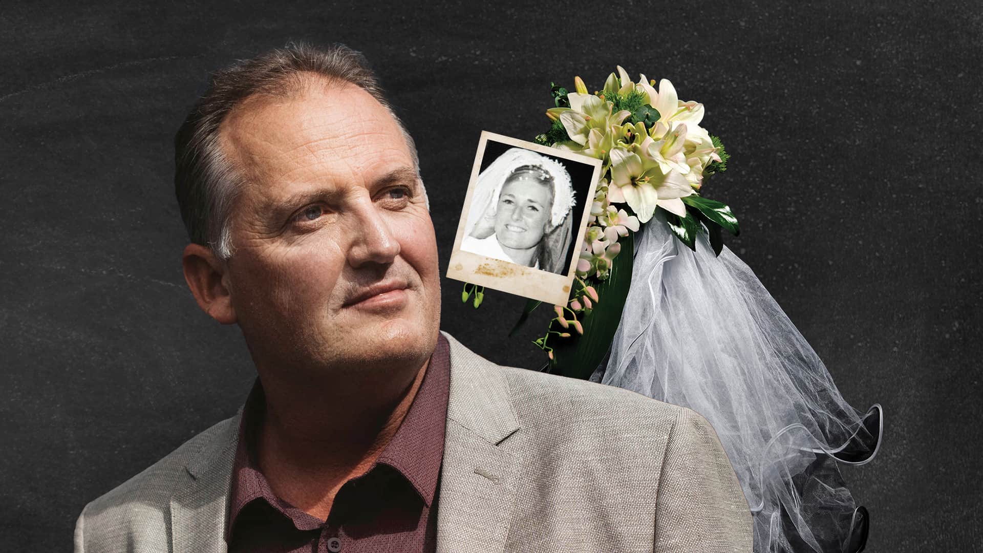 Portrait of man with photograph of bride, bouquet and veil in background