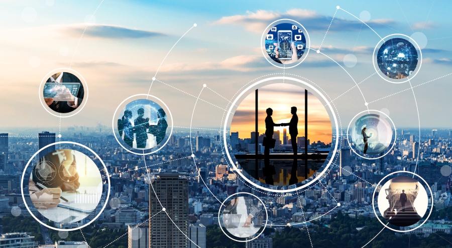 vignettes of technology and collaboration laid over city skyline