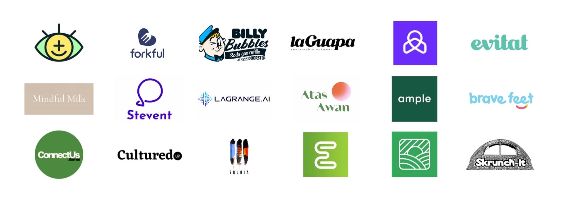 Showcase of various logos created by LaunchHUB's program alumni. There are 18 logos in total arranged in 3 rows of 6 logos each.