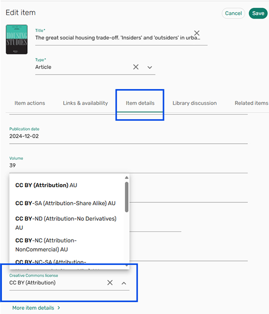 Screenshot of the Edit item options.