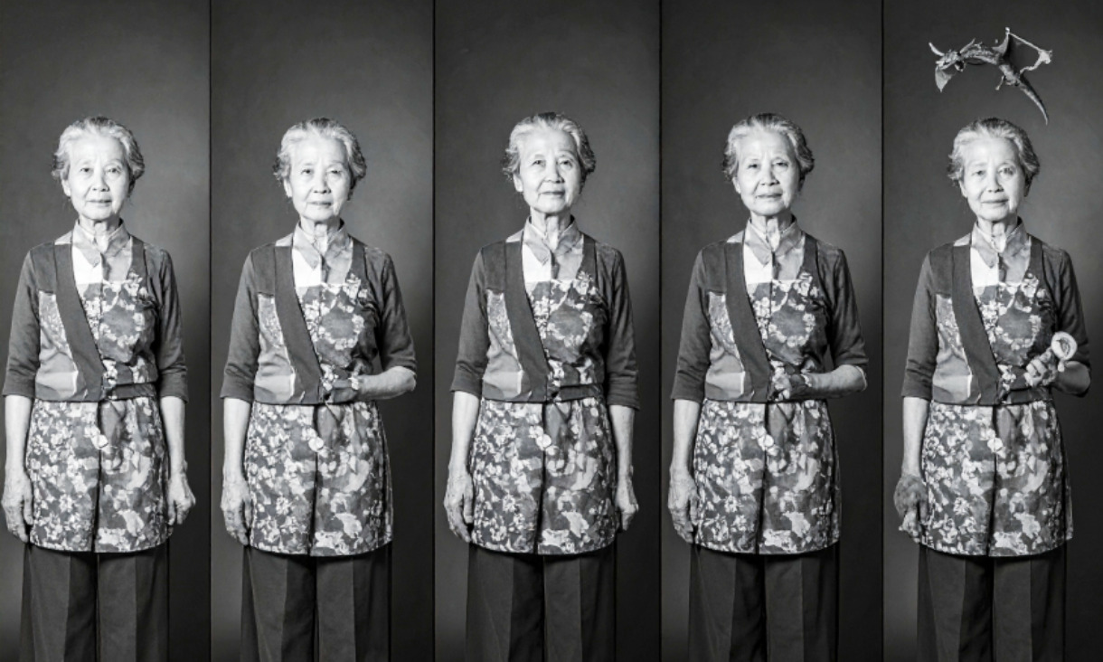 An elderly woman photographed in black and white in various poses