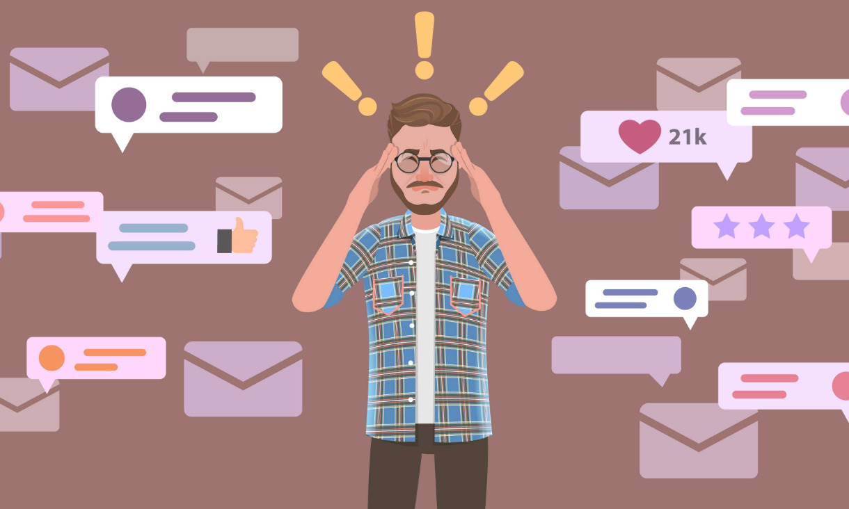 Man holds head surrounded by dozens of notifications