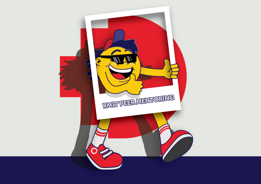 Stretch gives a thumbs up through a photo card in front of the red RMIT pixel.