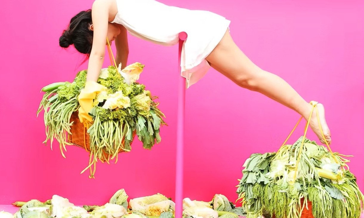 Pink background and woman balancing on a pole with arms and legs full of plants