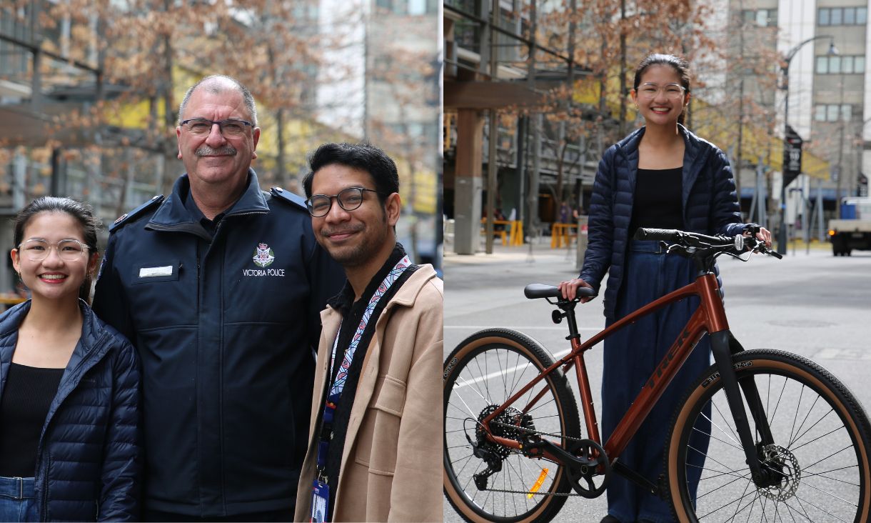 RMIT students with police person and bike 