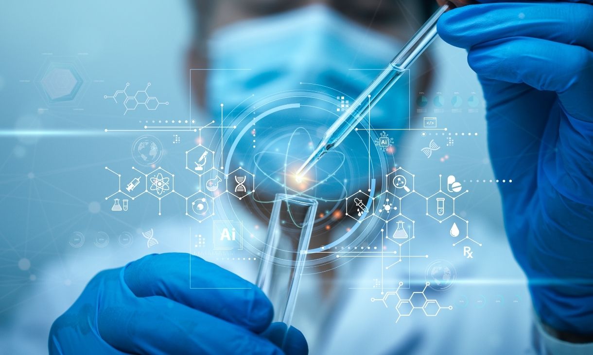 Scientist use ai technology, biotechnology for Medical research and development of scientific lab. 