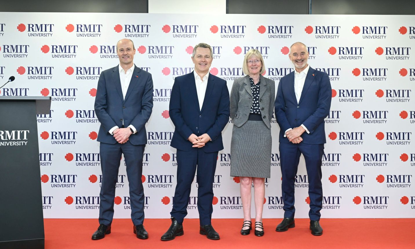 (L-R) RMIT Vietnam Pro Vice-Chancellor and General Director Professor Scott Thompson-Whiteside, Australia’s Minister of Education the Honourable Jason Clare MP, Australian Ambassador to Vietnam Ms Gillian Bird, RMIT University Vice-Chancellor and President Professor Alec Cameron