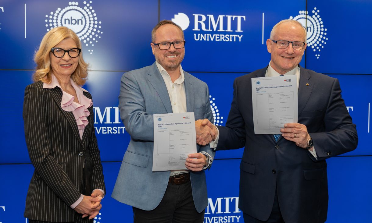 L-R: Professor Catherine Itsiopoulos,(Deputy Vice-Chancellor STEM College), Guy Scott (Chief Technology Officer at NBN Co), and Distinguished Professor Calum Drummond (Deputy Vice-Chancellor Research and Innovation).