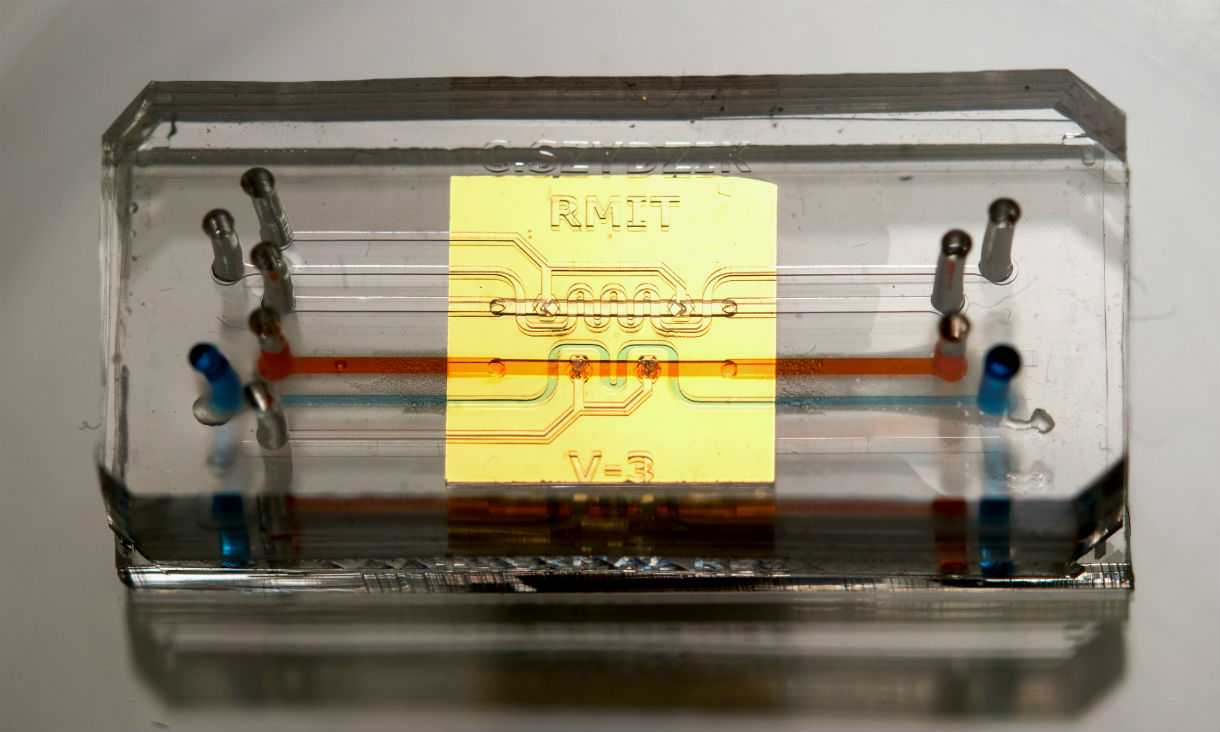 The integrated device showing the microfluidic chip beneath the gold-coloured sensor. Key micro channels - orange (primary) and regulation (blue) - are highlighted with flowing coloured dyes