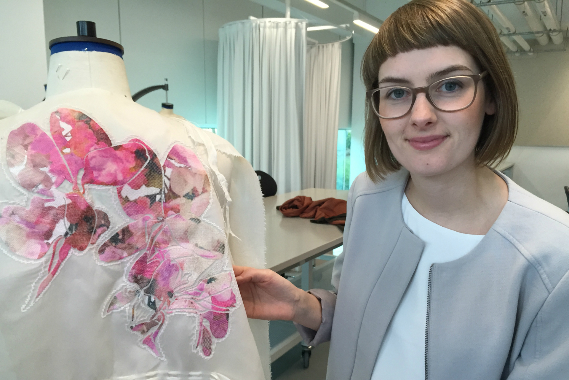Berlin designer Ina Budde with a bespoke industrial upcycled textile garment by RMIT Master of Design student Lucie Ketelsen, based in Vietnam. Ketelsen has been studying fashion and textiles in South East Asia since moving to Vietnam nine years ago.