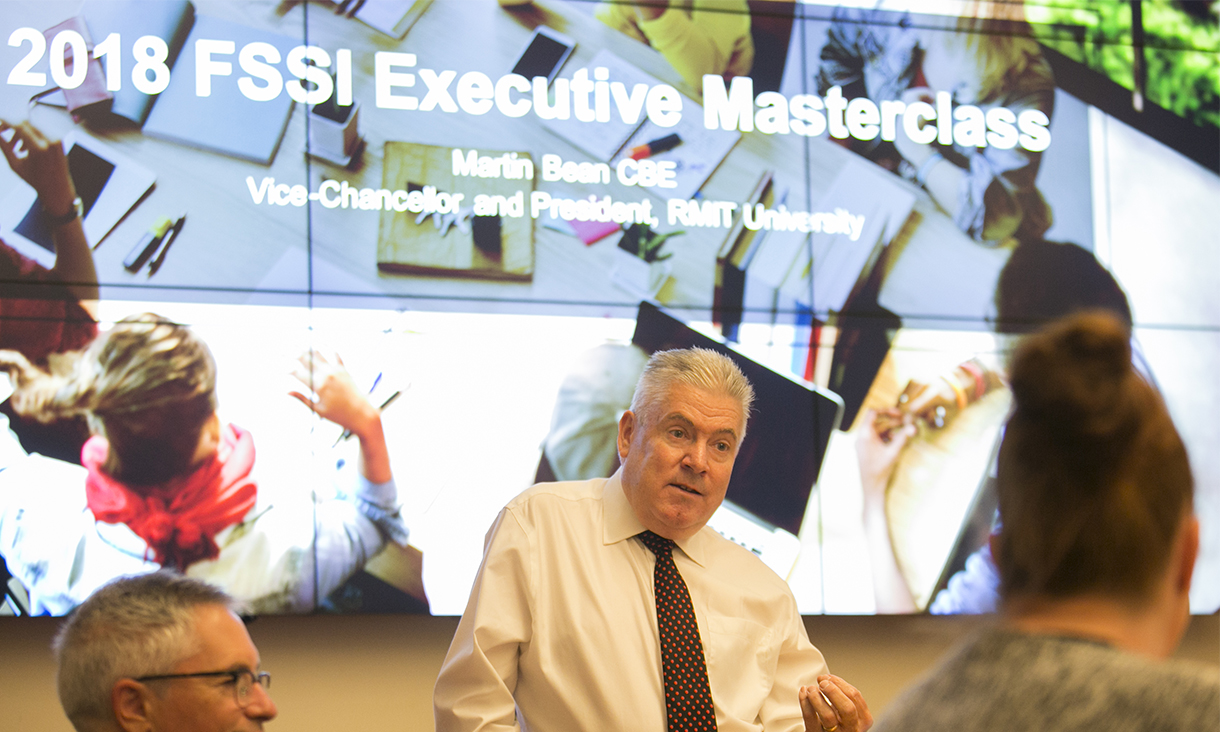 RMIT Vice-Chancellor and President Martin Bean CBE presenting at FSSI Executive Masterclass 2018.