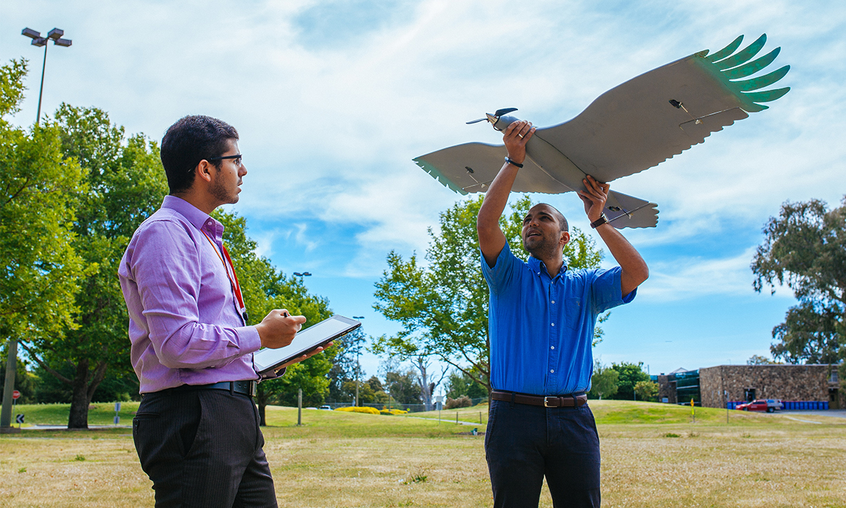 Dr Abdulghani Mohamed and Dr Mohamed Elbanhawi with an autonomous soaring drone.