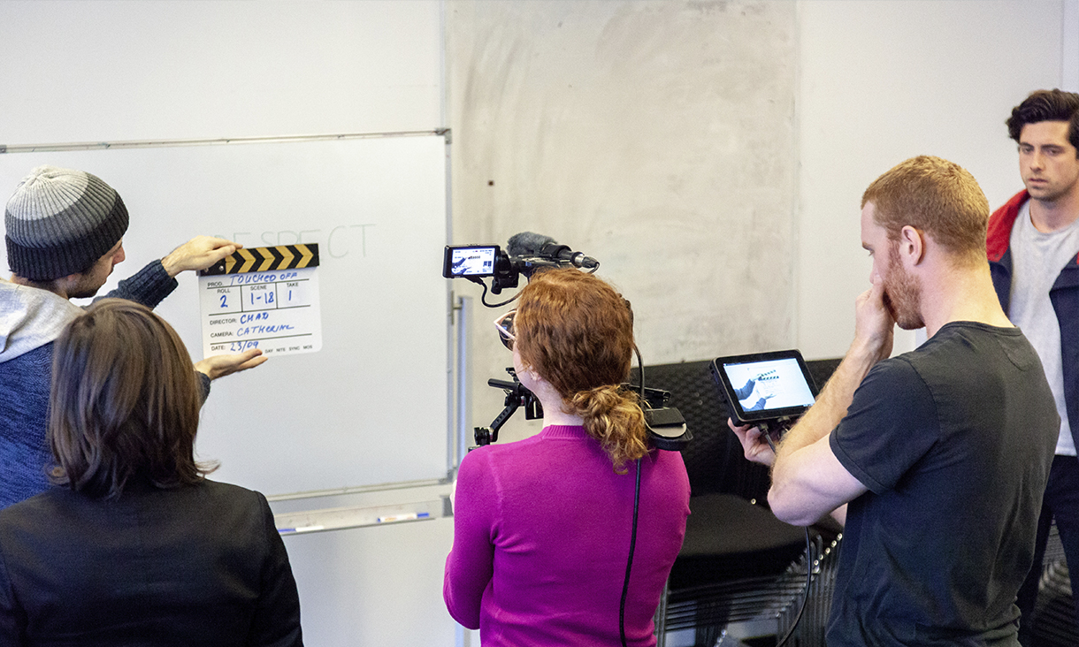 Catherine Hall and Chad O'Brien on the set of Touched Off, filmed in RMIT's Building 51.