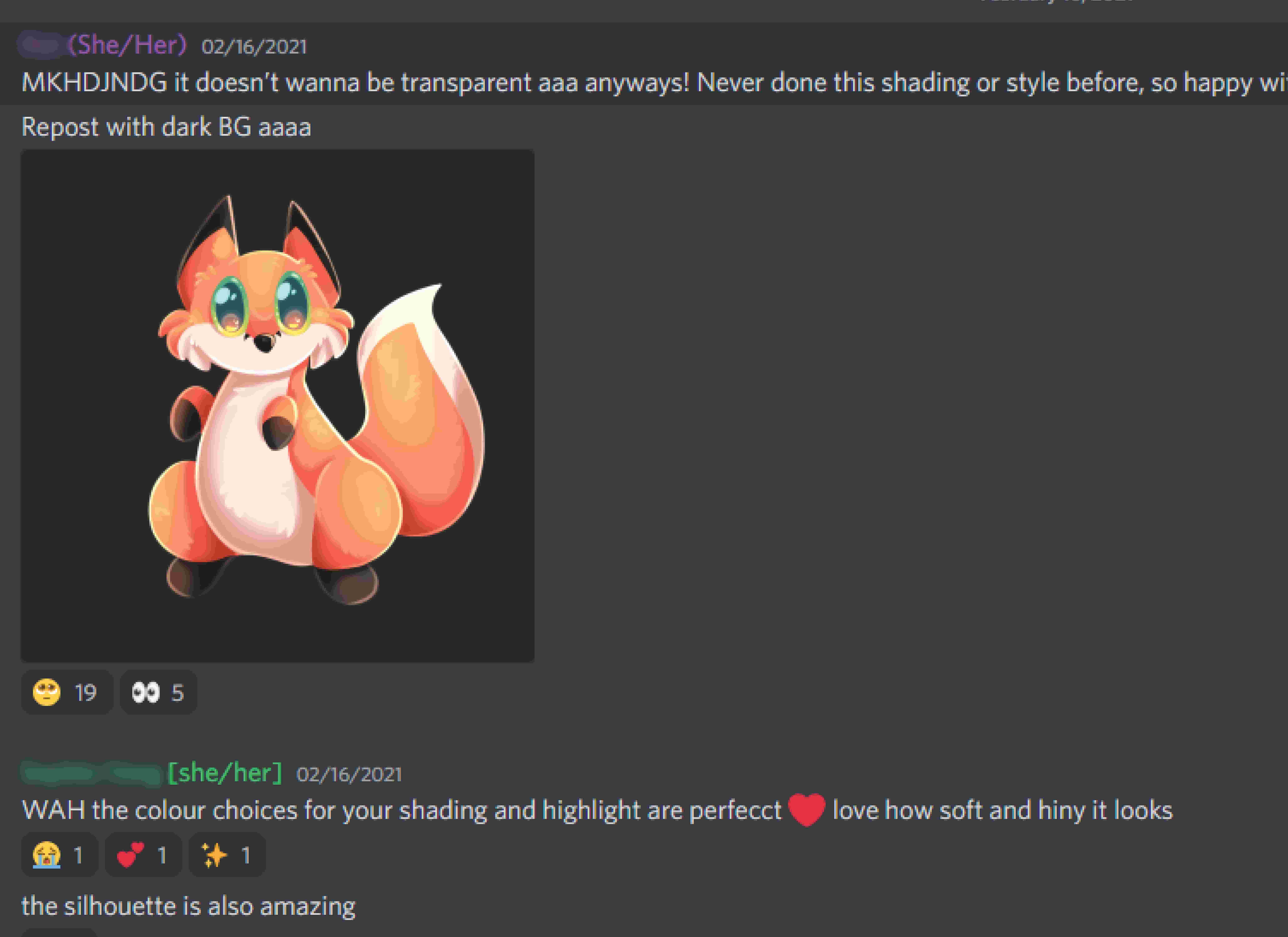 Screenshot from Discord showing a drawing of a fox and a student's positive comment underneath