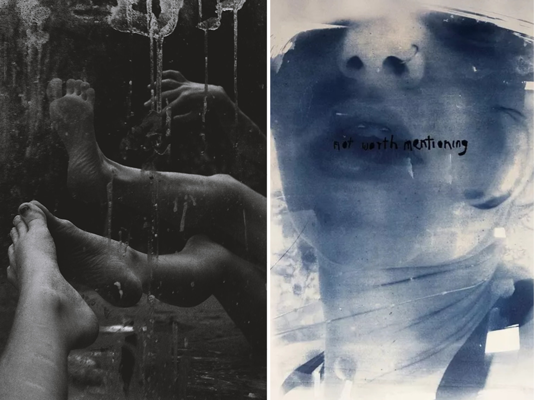 Two artworks. The left is a black and white photograph of legs and arms being reflected in a mirror. The right is a blue print of a face with the words not worth mentioning written across the mouth