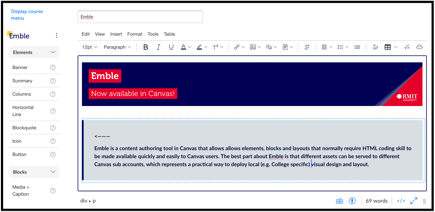 The Emble interface in Canvas