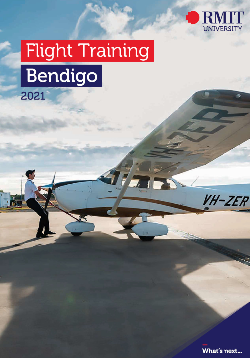 The cover of the 2021 Flight Training Bendigo pamphlet. A man is pulling a light plane down a runway